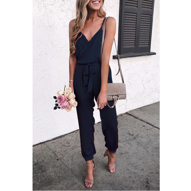 Women Solid Color Suspender Belt Jumpsuit – Elegant & Modern Look